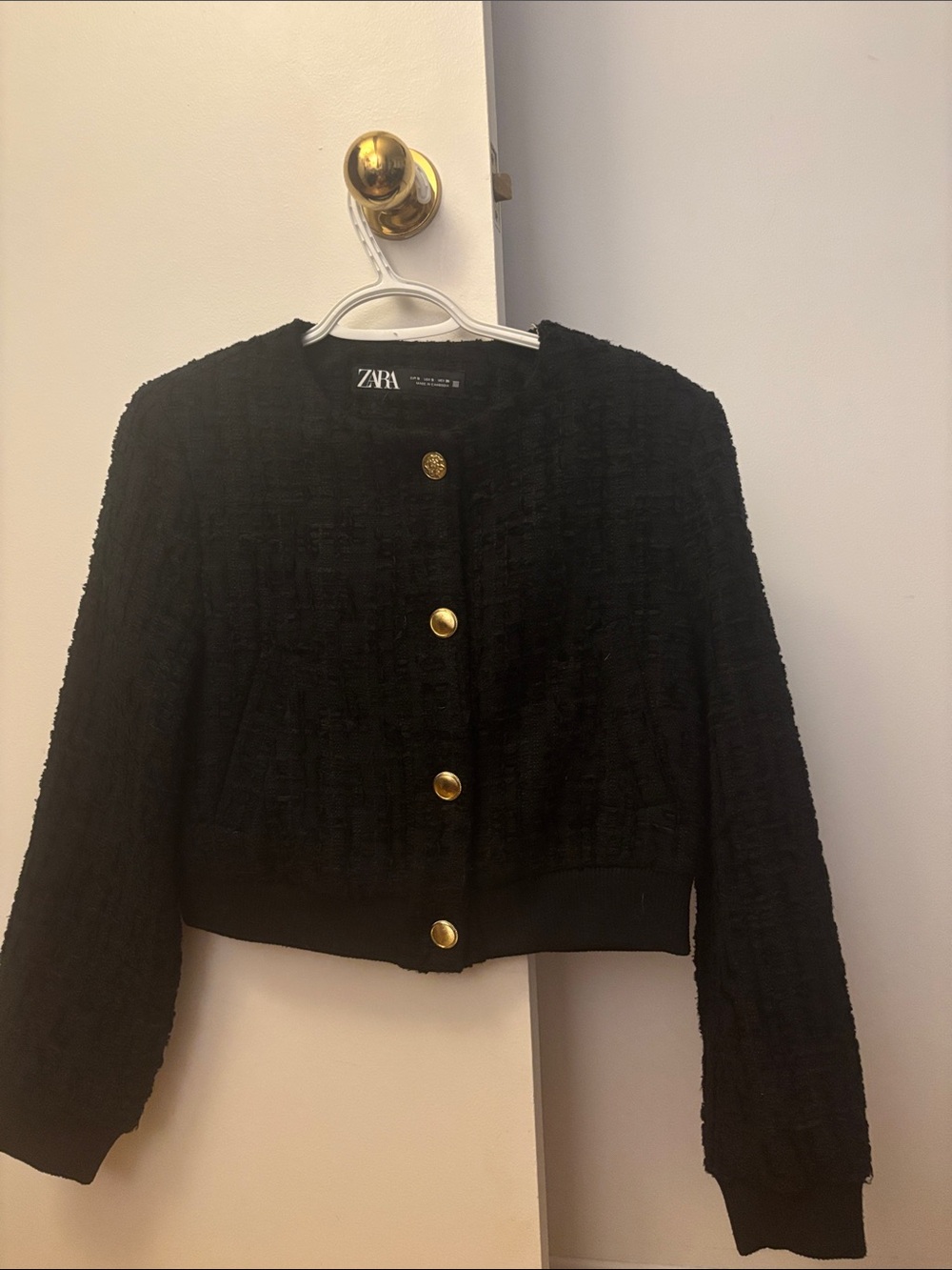 Zara Black Textured Cropped Blazer with Gold Buttons